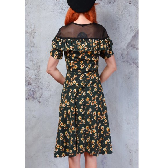 Green floral sheer neckline rockabilly dress 1950s - Picture 6 of 6